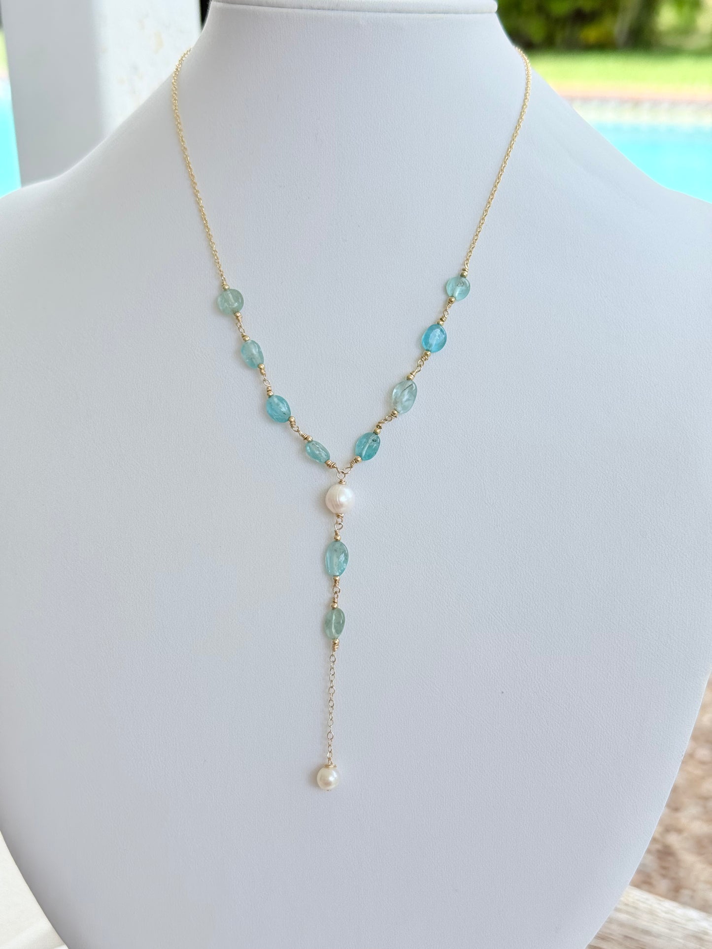 Lia - Apatite Lariat Modern Bridal Necklace - Nury M Jewelry