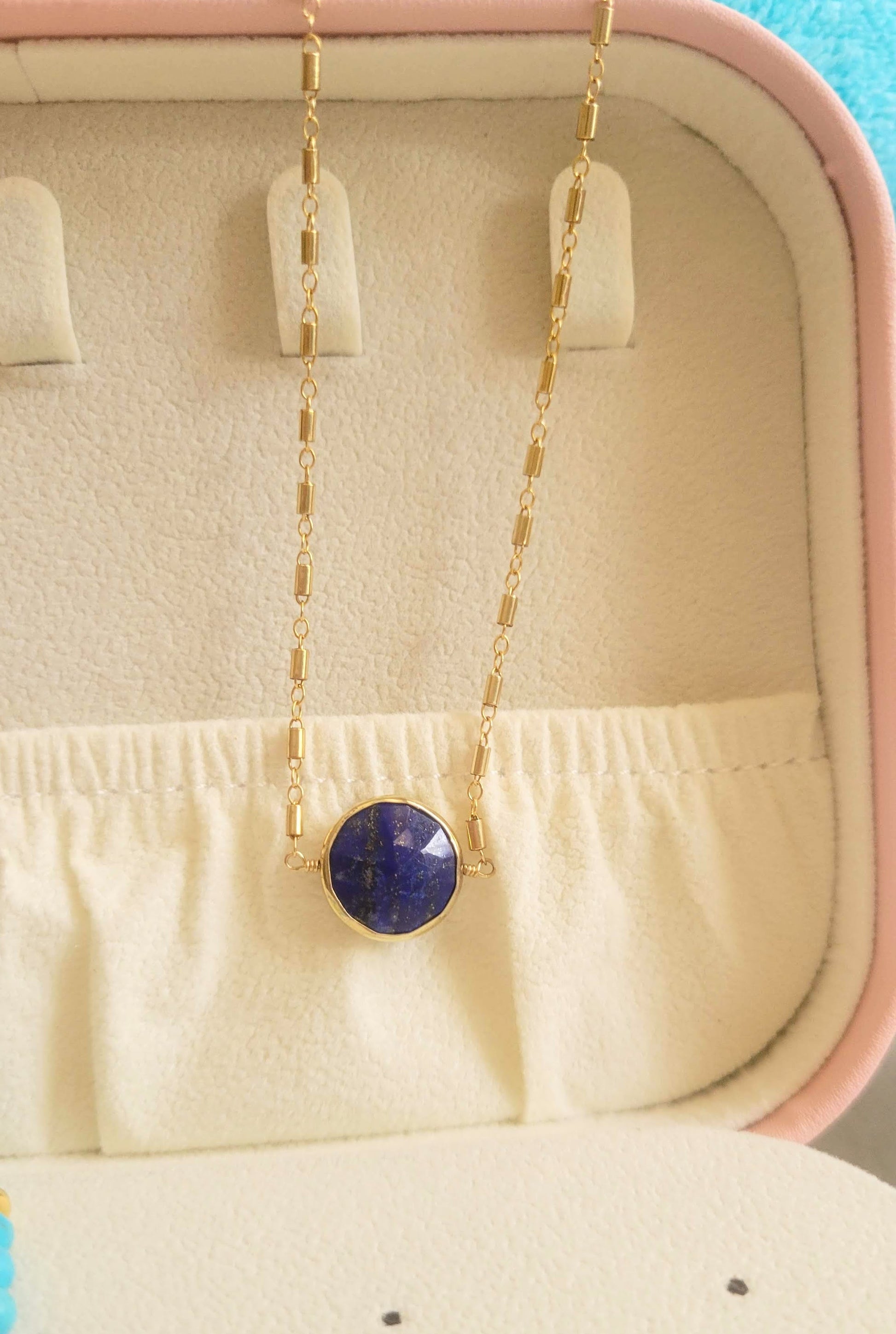 Lapis lazuli gold necklace close-up detail